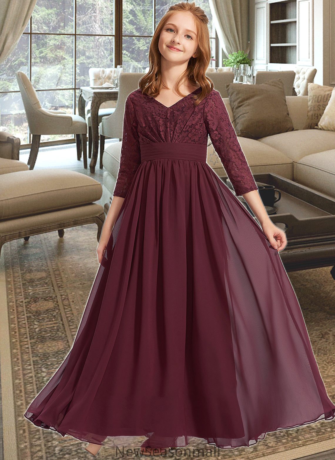 Chana A-Line V-neck Floor-Length Chiffon Lace Junior Bridesmaid Dress HEP0013652