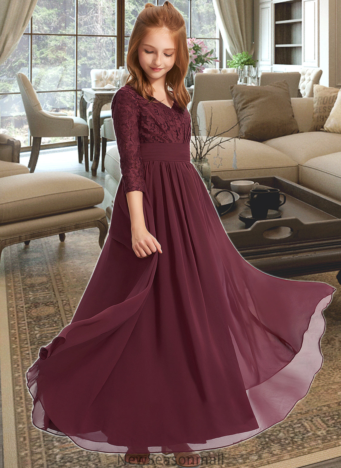 Chana A-Line V-neck Floor-Length Chiffon Lace Junior Bridesmaid Dress HEP0013652