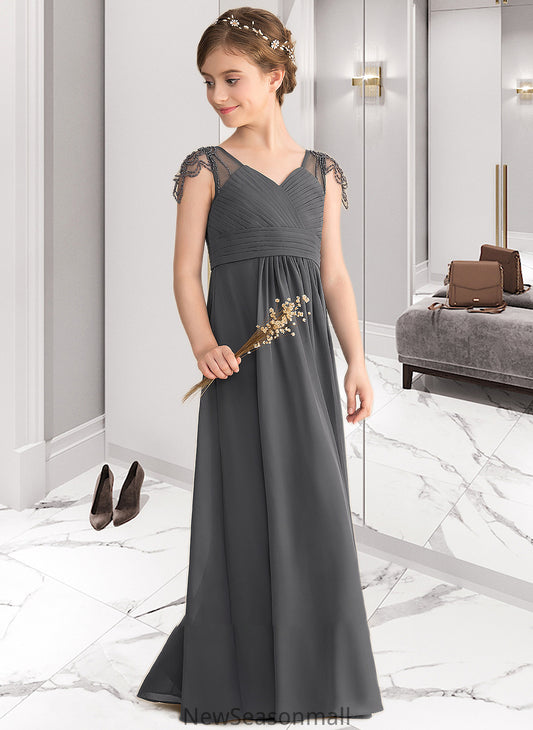 Diya A-Line V-neck Floor-Length Chiffon Junior Bridesmaid Dress With Ruffle Beading HEP0013653