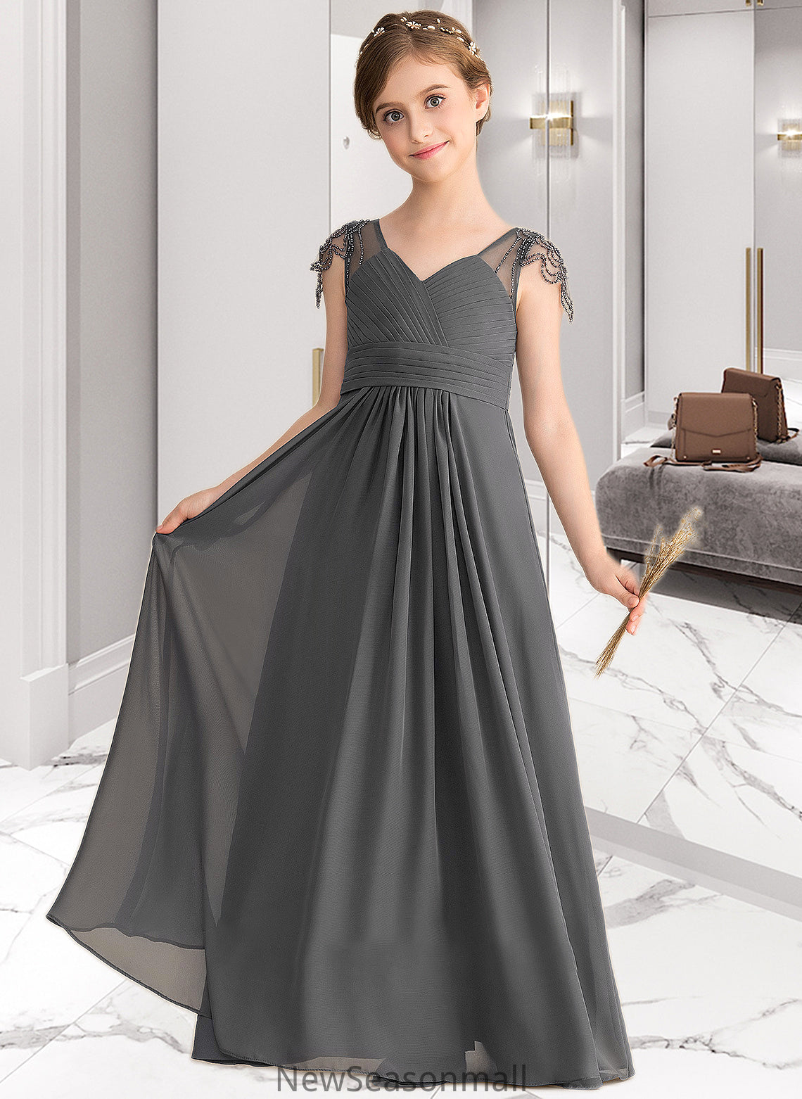 Diya A-Line V-neck Floor-Length Chiffon Junior Bridesmaid Dress With Ruffle Beading HEP0013653