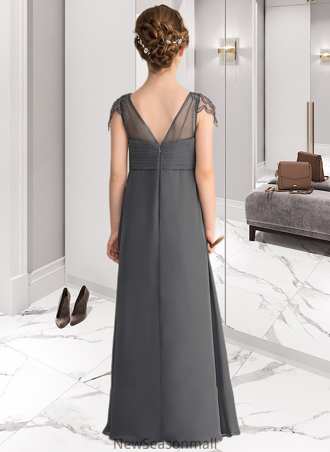 Diya A-Line V-neck Floor-Length Chiffon Junior Bridesmaid Dress With Ruffle Beading HEP0013653