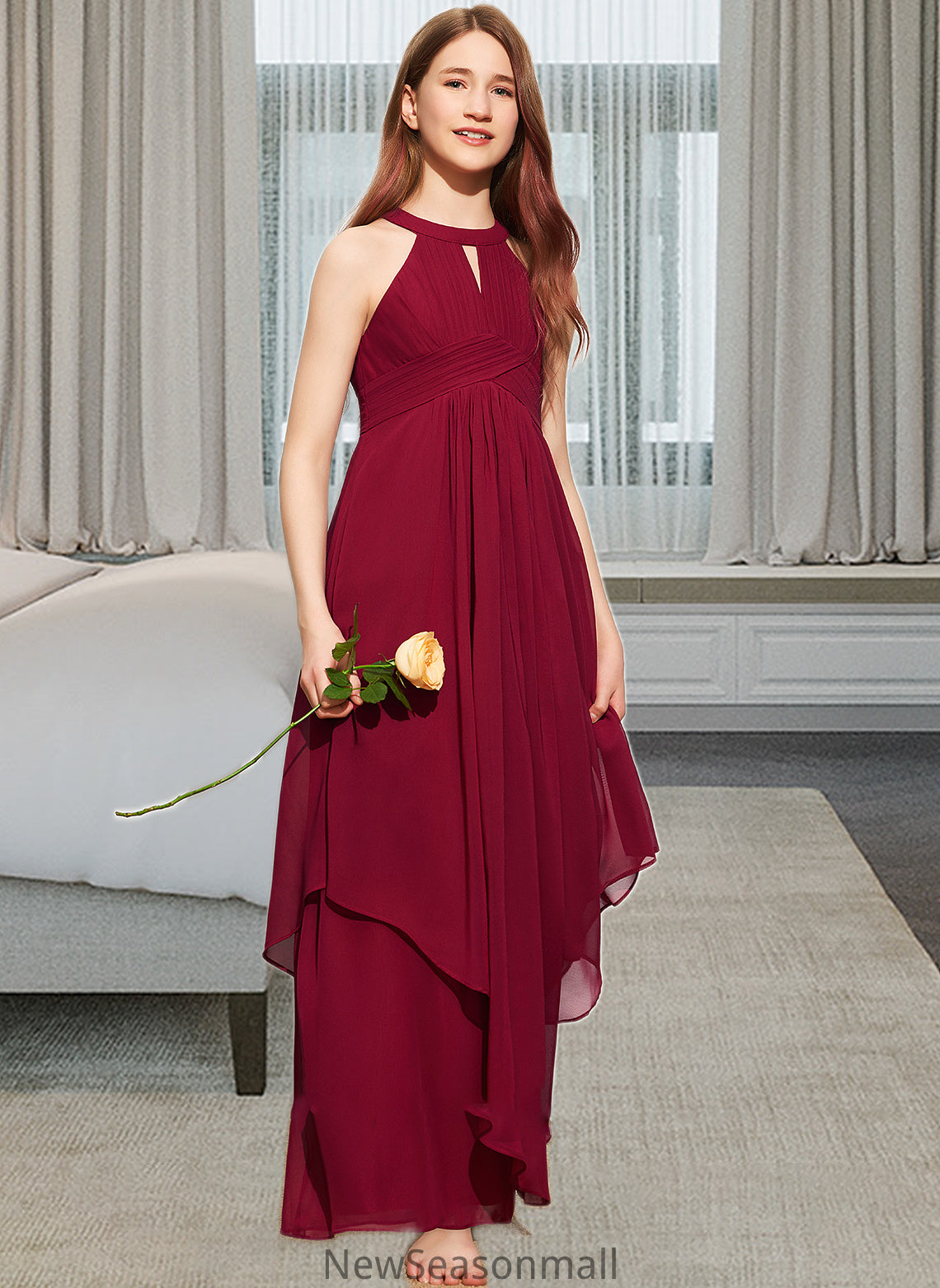 Heaven A-Line Scoop Neck Floor-Length Chiffon Junior Bridesmaid Dress With Ruffle HEP0013654