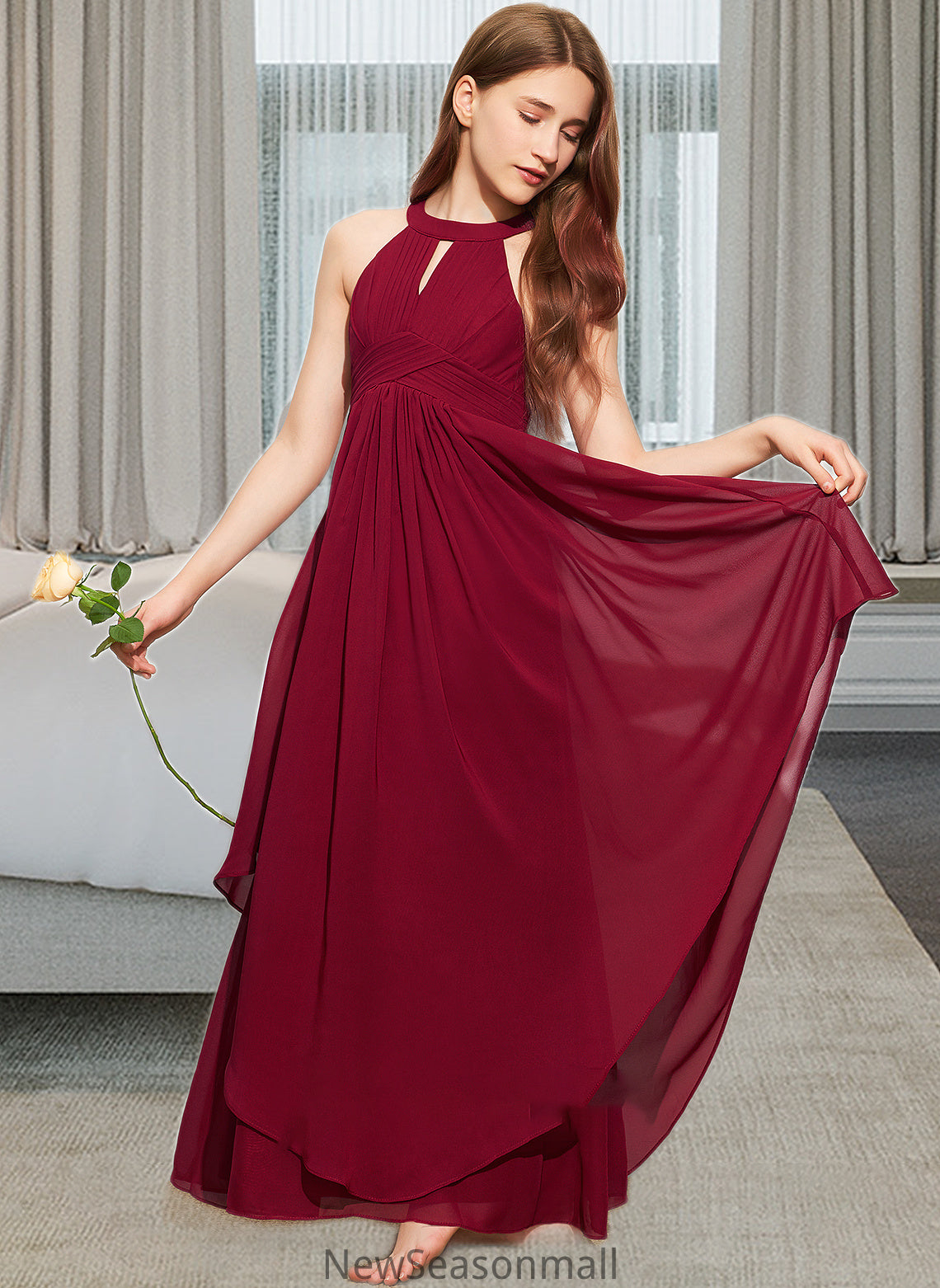 Heaven A-Line Scoop Neck Floor-Length Chiffon Junior Bridesmaid Dress With Ruffle HEP0013654