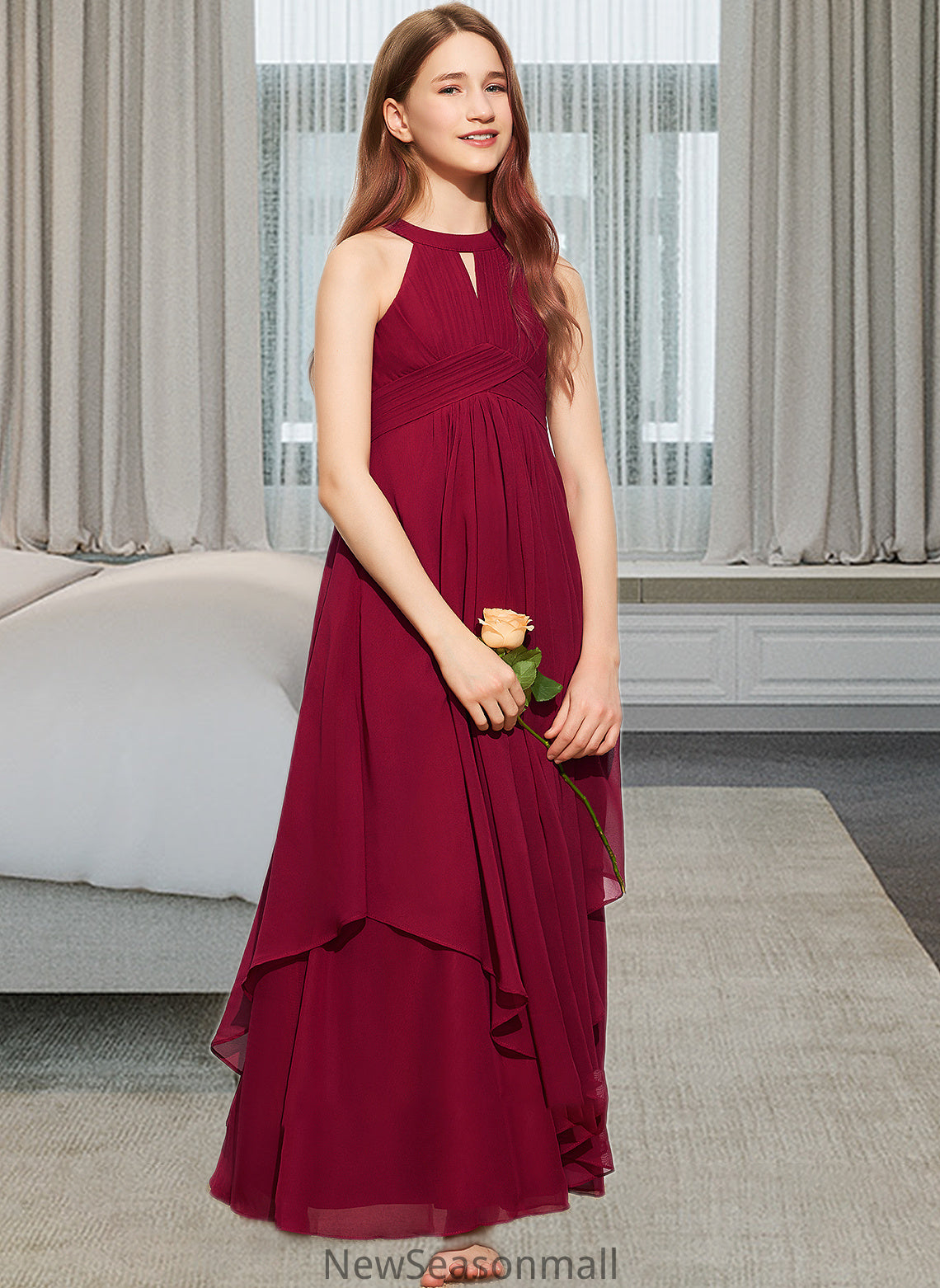 Heaven A-Line Scoop Neck Floor-Length Chiffon Junior Bridesmaid Dress With Ruffle HEP0013654