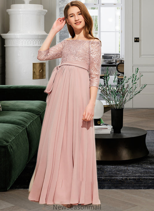 Samara A-Line Off-the-Shoulder Floor-Length Chiffon Lace Junior Bridesmaid Dress With Bow(s) HEP0013658