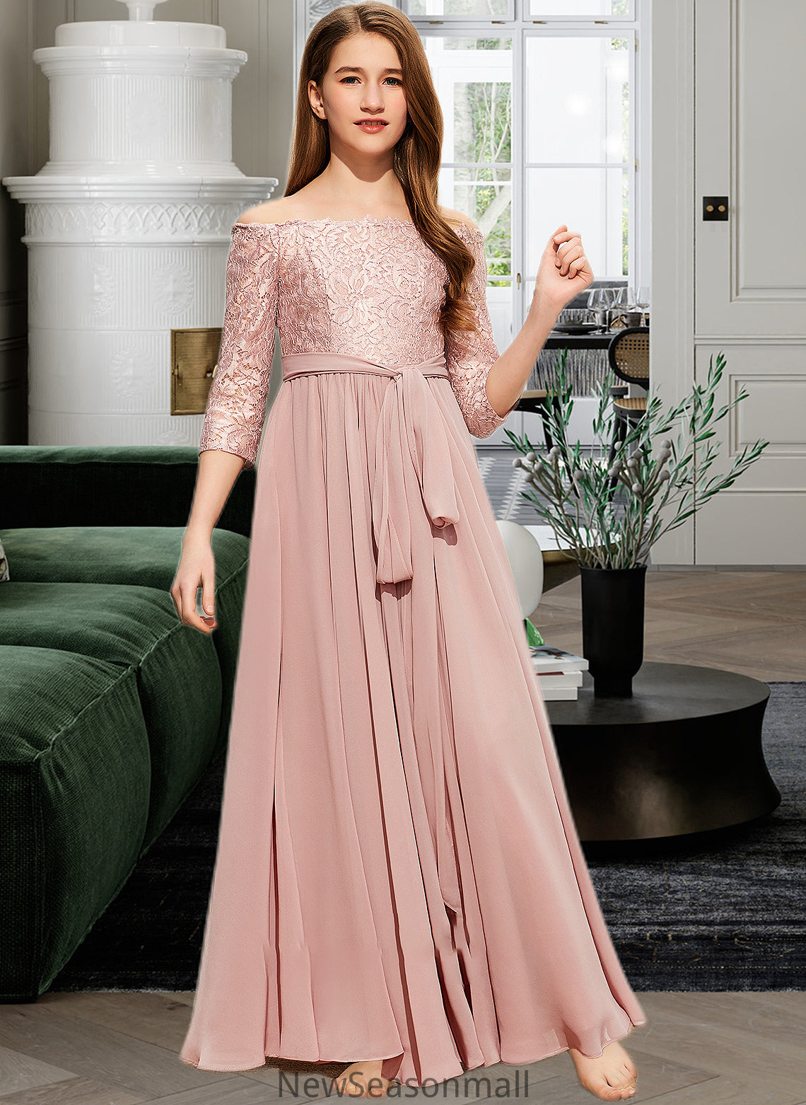 Samara A-Line Off-the-Shoulder Floor-Length Chiffon Lace Junior Bridesmaid Dress With Bow(s) HEP0013658