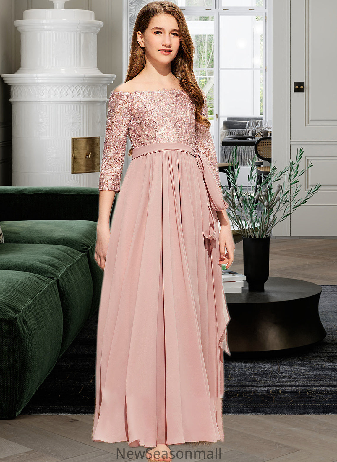 Samara A-Line Off-the-Shoulder Floor-Length Chiffon Lace Junior Bridesmaid Dress With Bow(s) HEP0013658