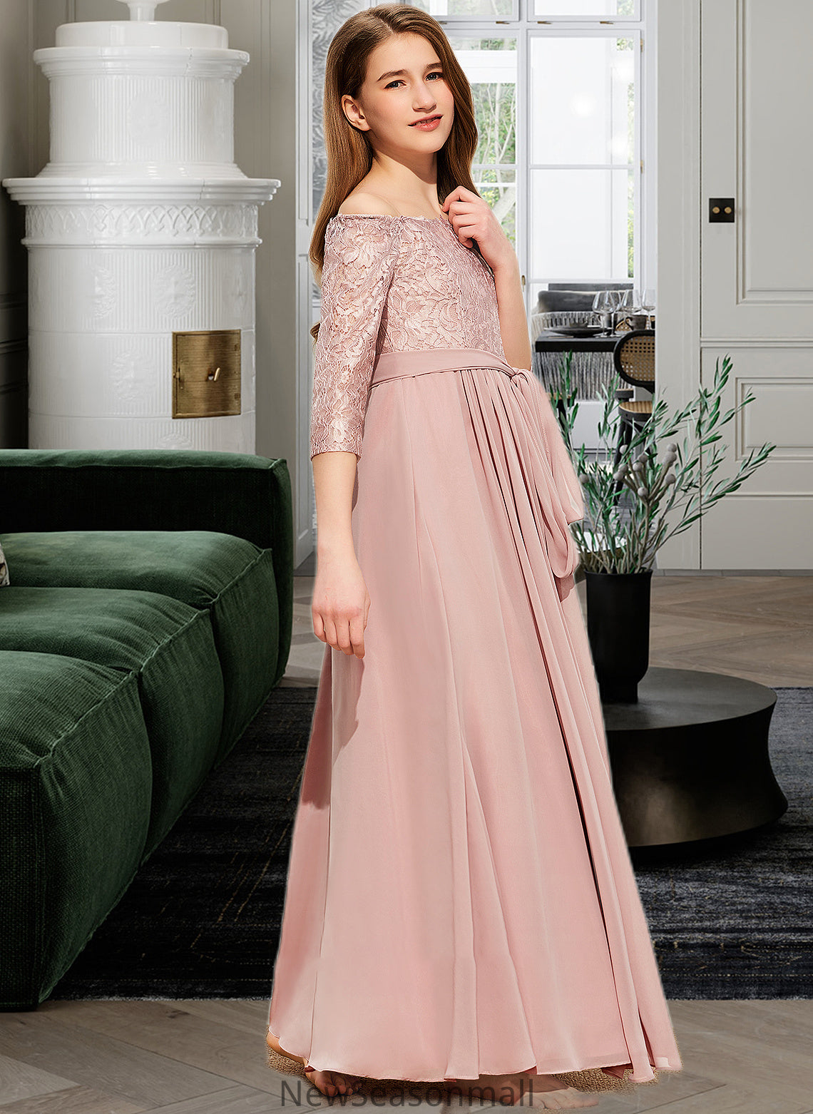 Samara A-Line Off-the-Shoulder Floor-Length Chiffon Lace Junior Bridesmaid Dress With Bow(s) HEP0013658