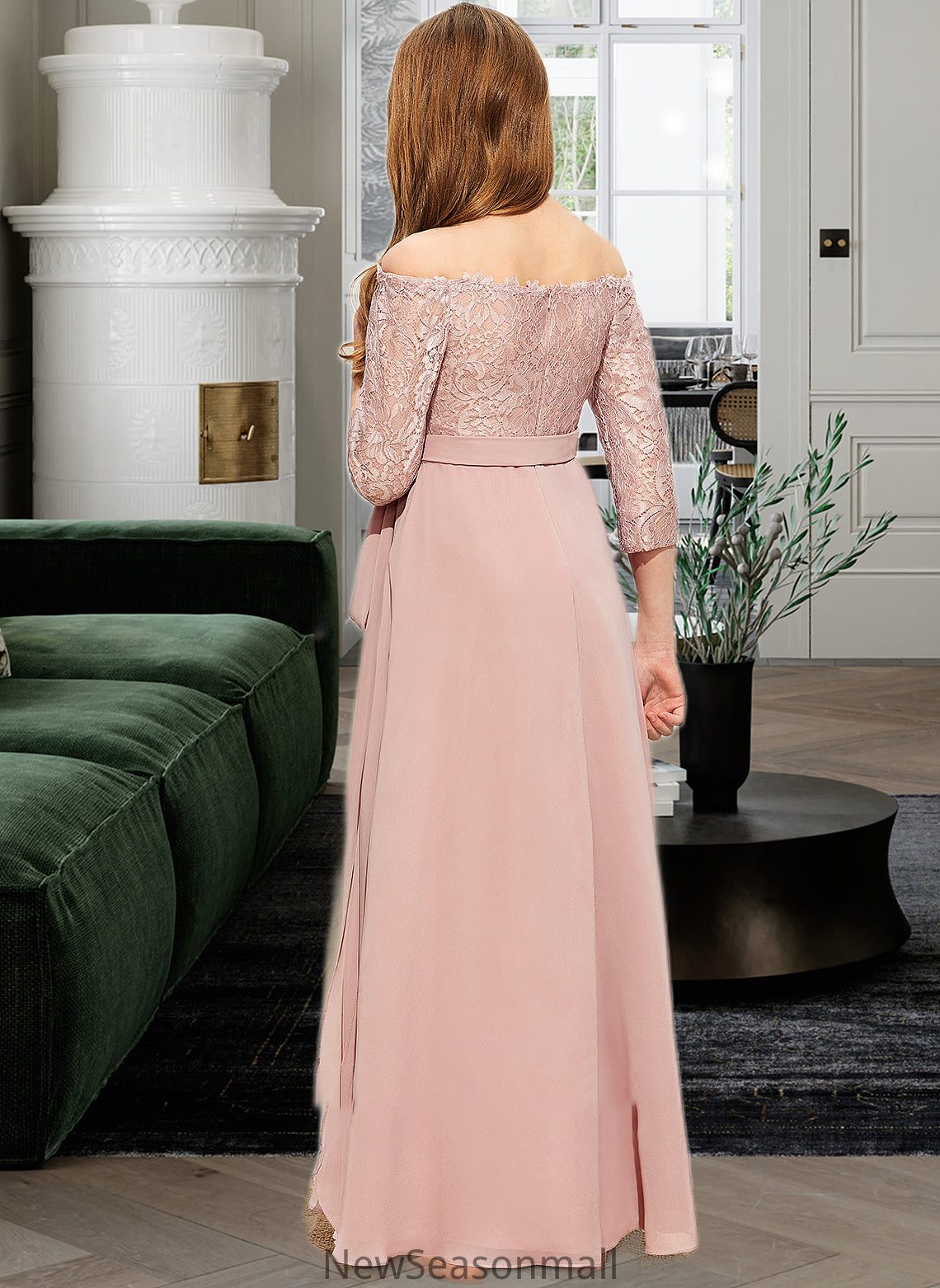 Samara A-Line Off-the-Shoulder Floor-Length Chiffon Lace Junior Bridesmaid Dress With Bow(s) HEP0013658