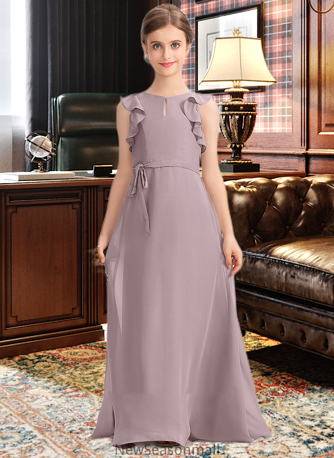 Aniyah A-Line Scoop Neck Floor-Length Chiffon Junior Bridesmaid Dress With Bow(s) Cascading Ruffles HEP0013659