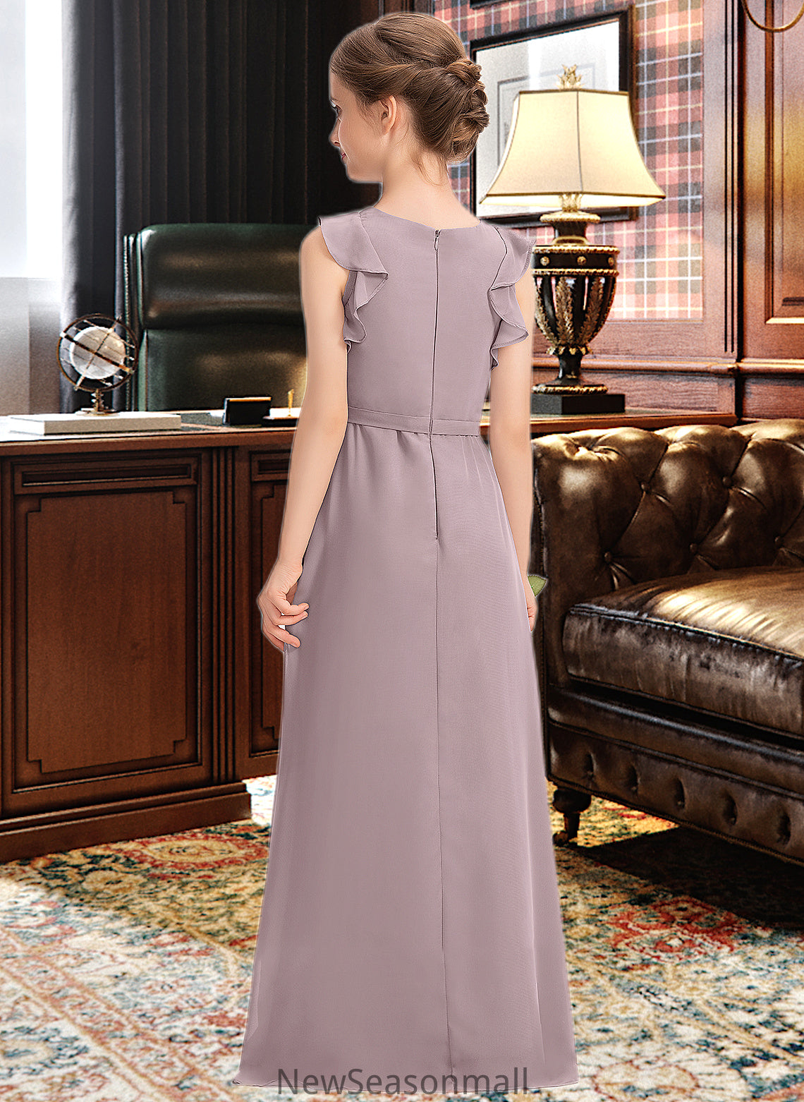 Aniyah A-Line Scoop Neck Floor-Length Chiffon Junior Bridesmaid Dress With Bow(s) Cascading Ruffles HEP0013659