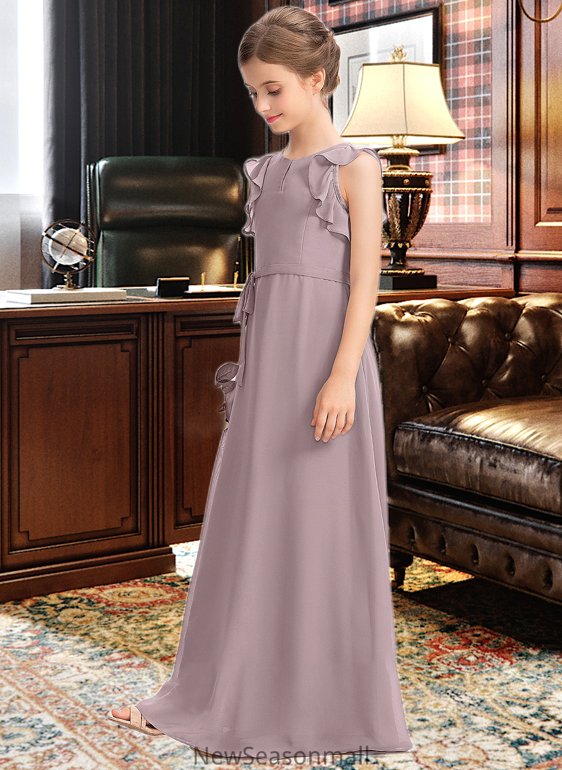 Aniyah A-Line Scoop Neck Floor-Length Chiffon Junior Bridesmaid Dress With Bow(s) Cascading Ruffles HEP0013659