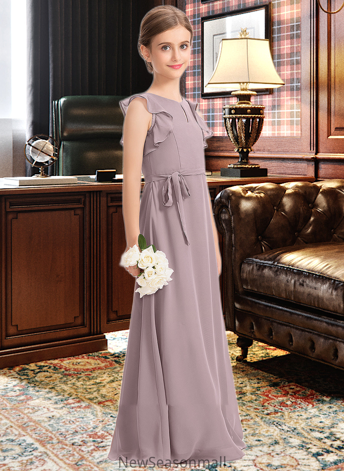 Aniyah A-Line Scoop Neck Floor-Length Chiffon Junior Bridesmaid Dress With Bow(s) Cascading Ruffles HEP0013659