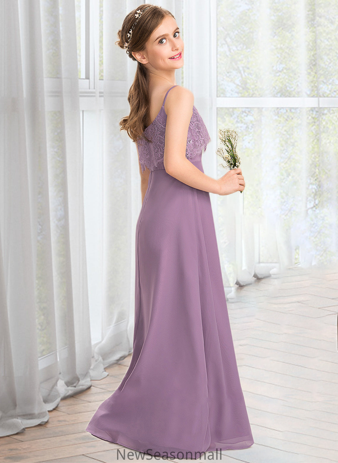 Marianna A-Line Square Neckline Floor-Length Chiffon Lace Junior Bridesmaid Dress HEP0013660