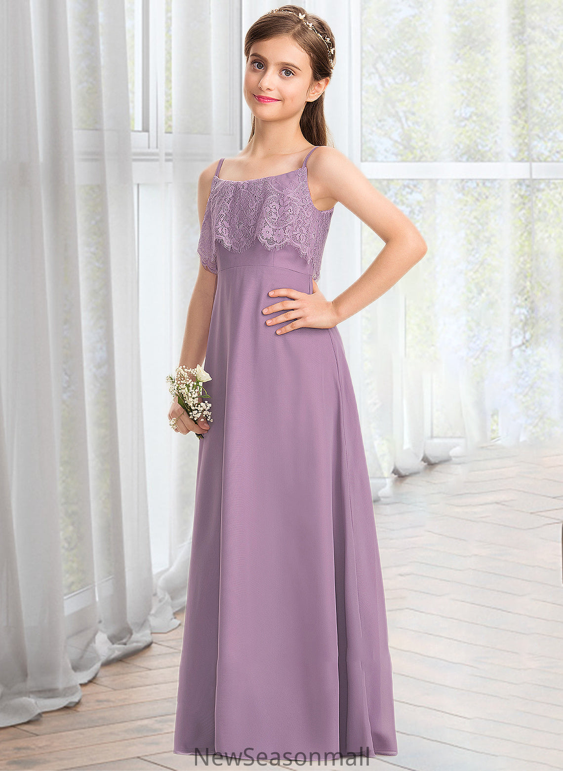 Marianna A-Line Square Neckline Floor-Length Chiffon Lace Junior Bridesmaid Dress HEP0013660