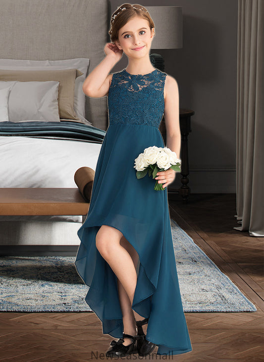 Joyce A-Line Scoop Neck Asymmetrical Chiffon Lace Junior Bridesmaid Dress HEP0013661