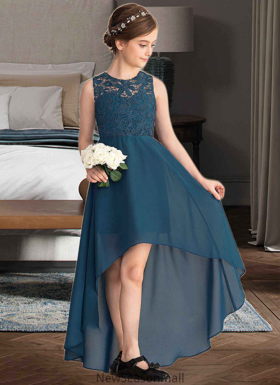 Joyce A-Line Scoop Neck Asymmetrical Chiffon Lace Junior Bridesmaid Dress HEP0013661