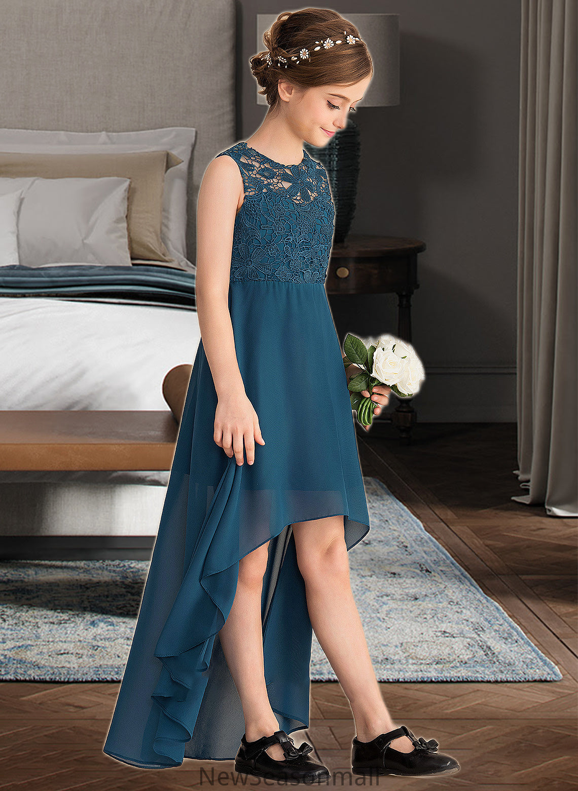 Joyce A-Line Scoop Neck Asymmetrical Chiffon Lace Junior Bridesmaid Dress HEP0013661