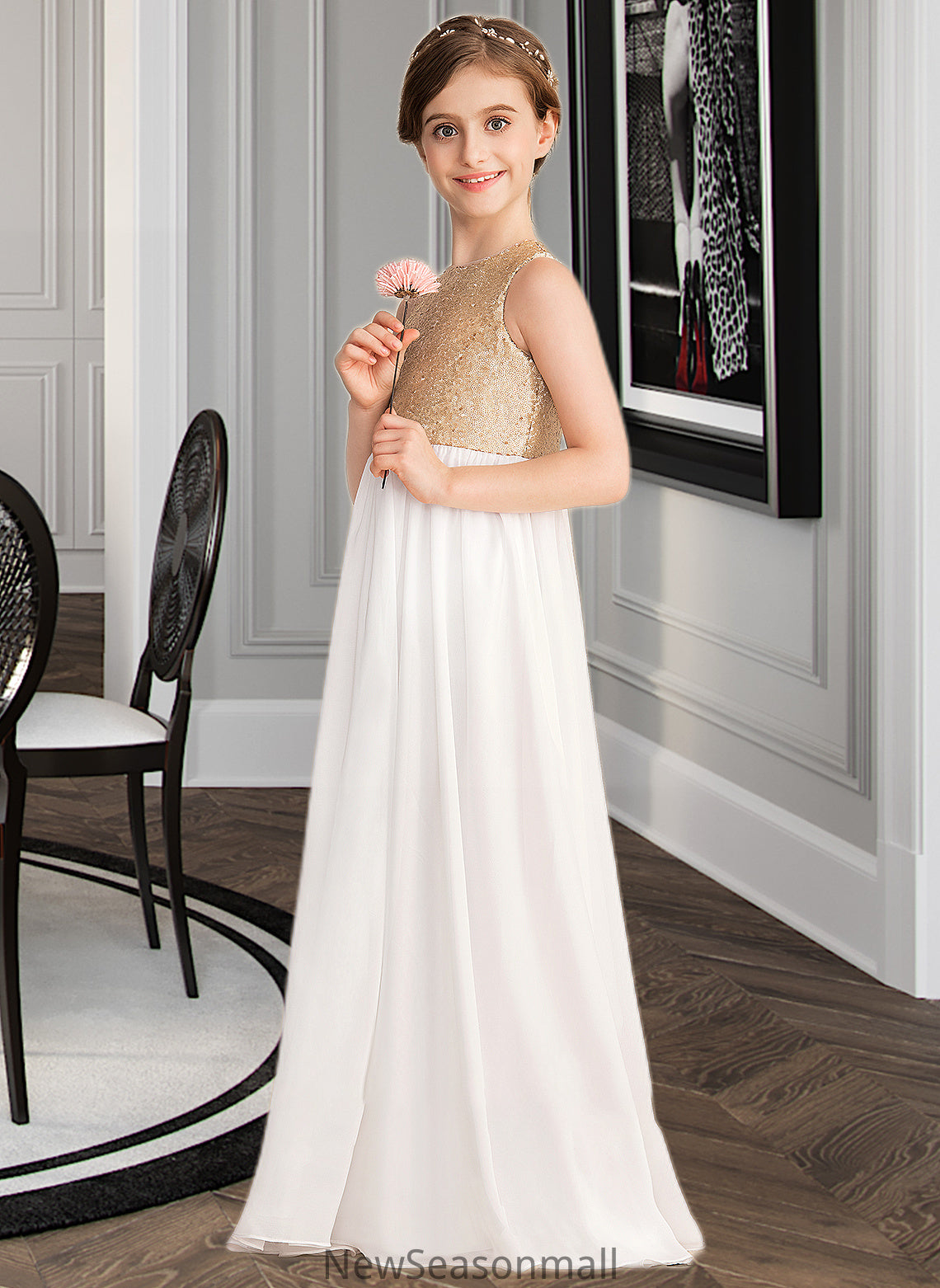 Marisol A-Line Scoop Neck Floor-Length Chiffon Sequined Junior Bridesmaid Dress HEP0013662