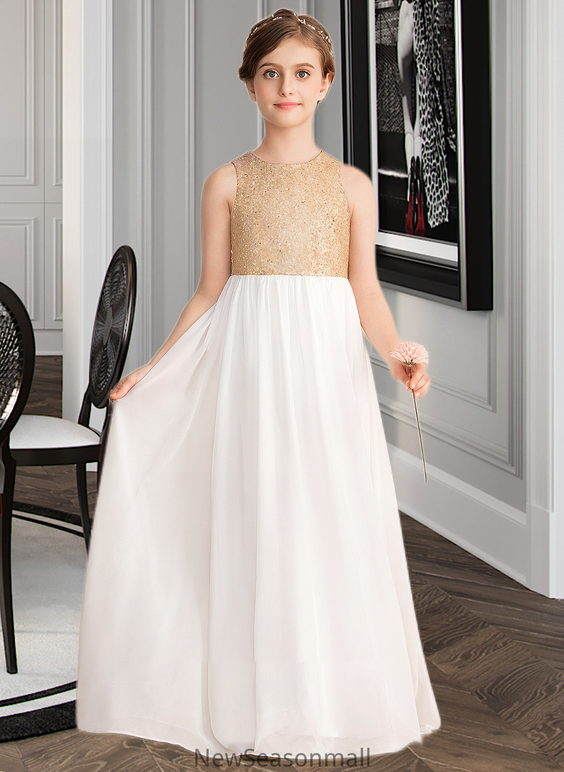 Marisol A-Line Scoop Neck Floor-Length Chiffon Sequined Junior Bridesmaid Dress HEP0013662