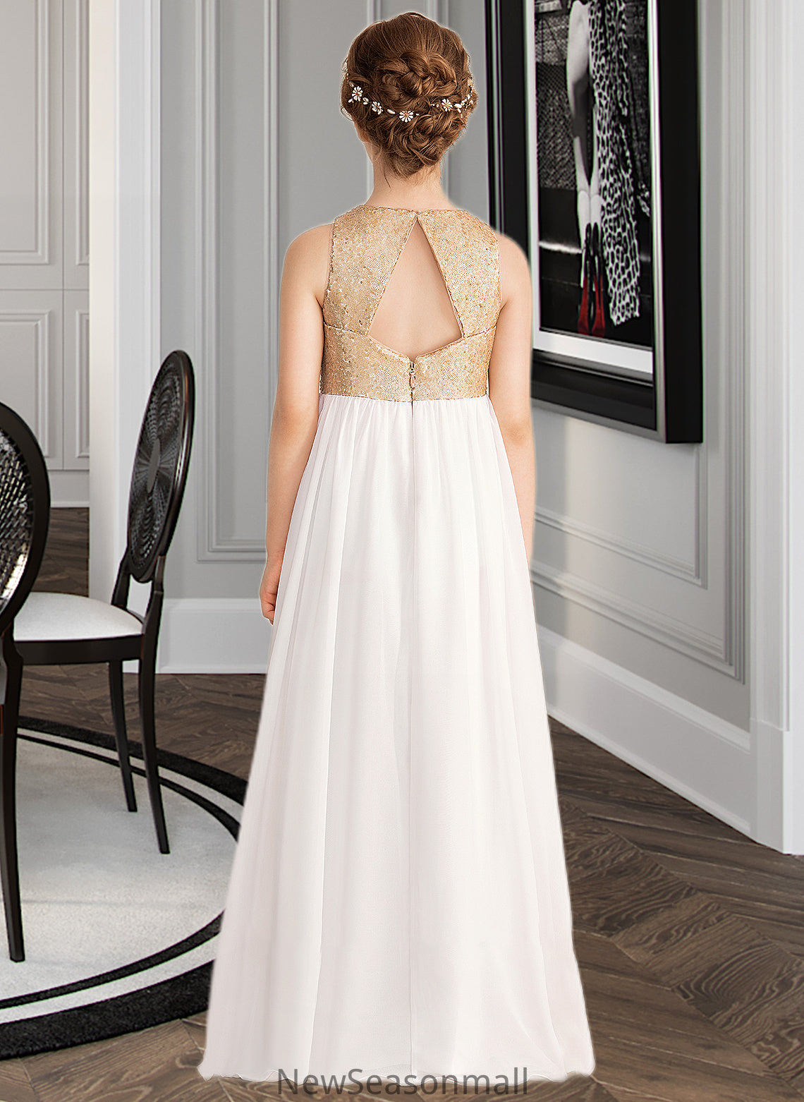 Marisol A-Line Scoop Neck Floor-Length Chiffon Sequined Junior Bridesmaid Dress HEP0013662