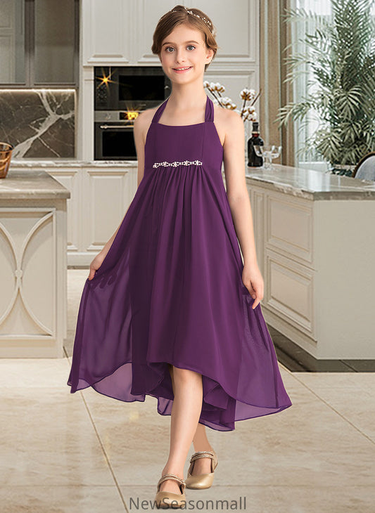 Erin Empire Halter Asymmetrical Chiffon Junior Bridesmaid Dress With Beading Bow(s) HEP0013663