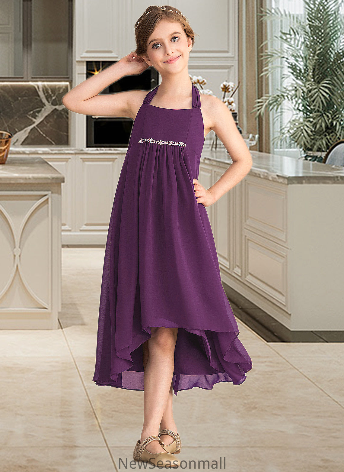 Erin Empire Halter Asymmetrical Chiffon Junior Bridesmaid Dress With Beading Bow(s) HEP0013663