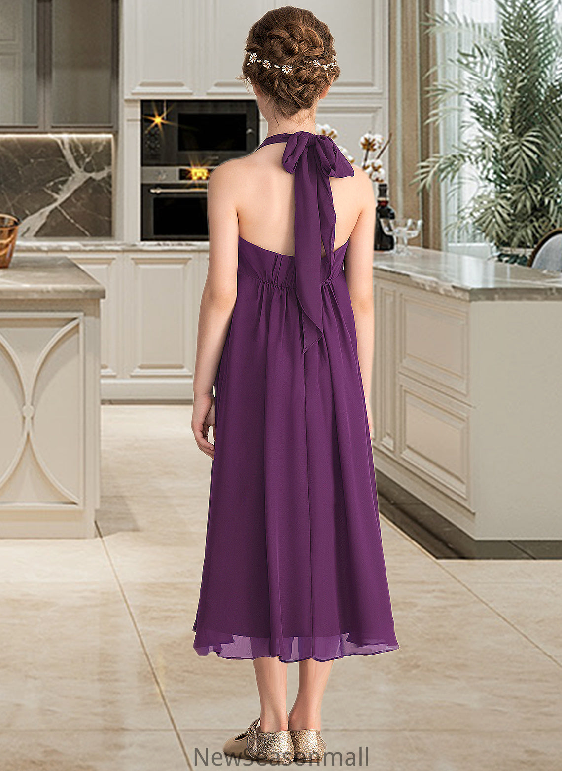 Erin Empire Halter Asymmetrical Chiffon Junior Bridesmaid Dress With Beading Bow(s) HEP0013663