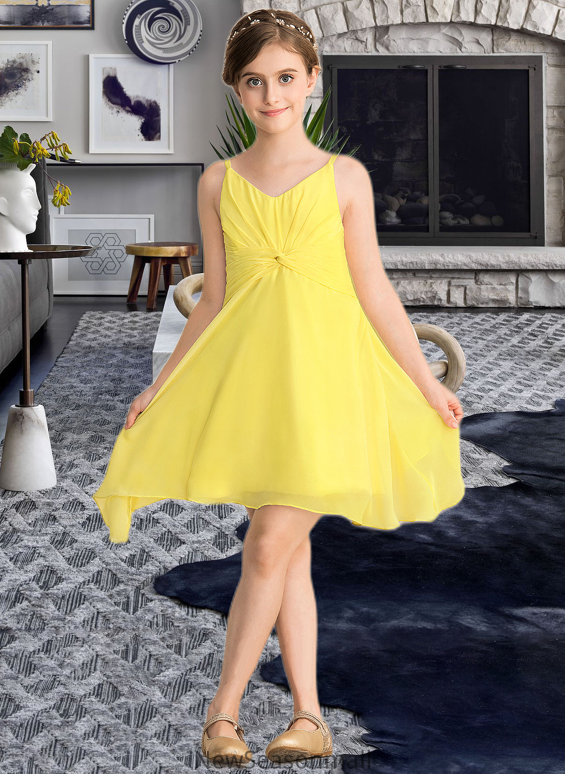 Amber A-Line V-neck Knee-Length Chiffon Junior Bridesmaid Dress With Ruffle HEP0013664