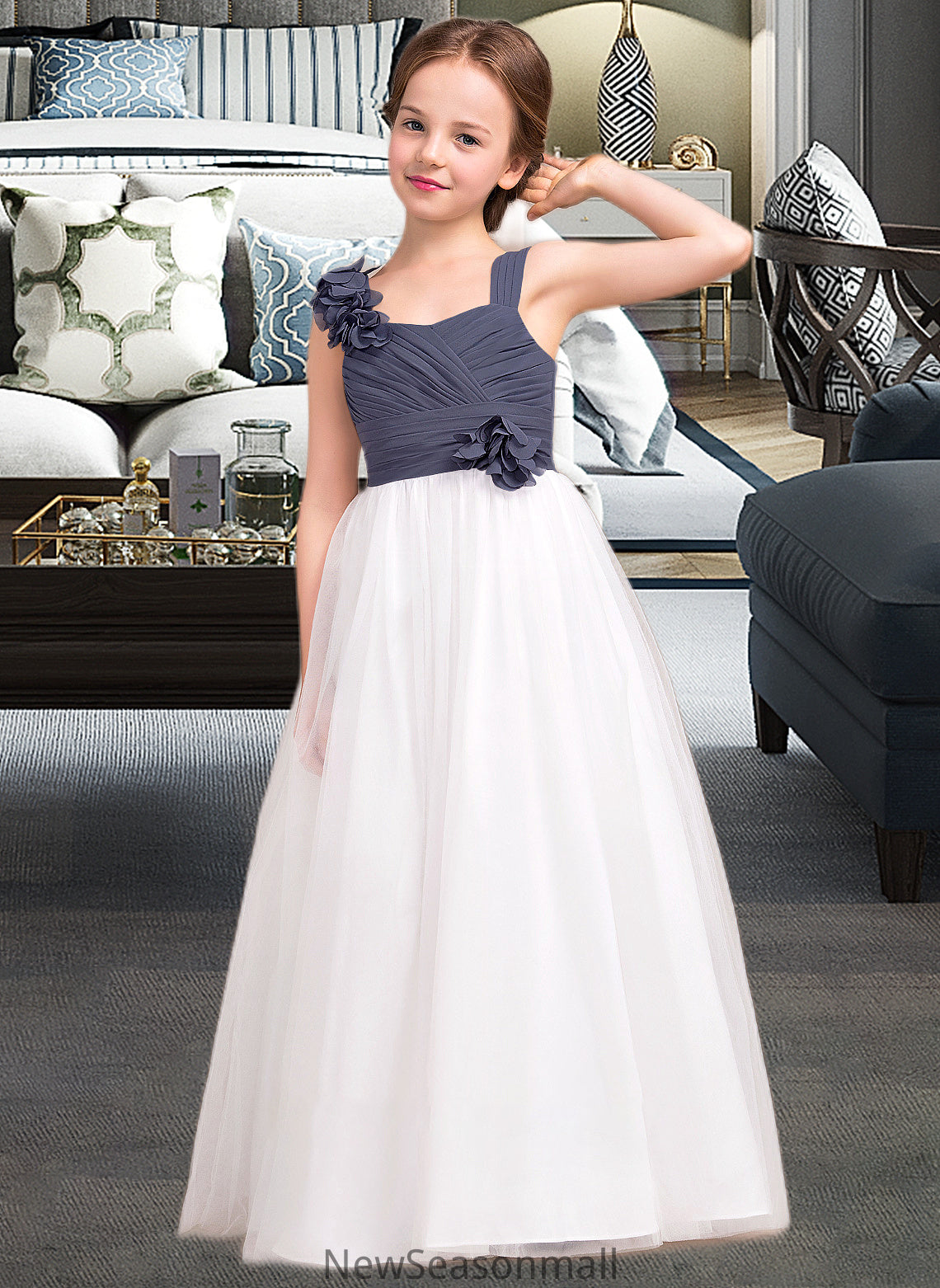 Eva A-Line Sweetheart Floor-Length Chiffon Tulle Junior Bridesmaid Dress With Ruffle Flower(s) HEP0013665