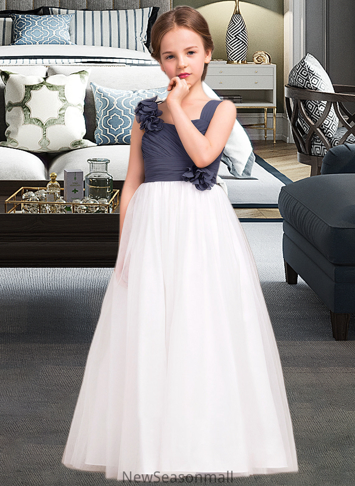 Eva A-Line Sweetheart Floor-Length Chiffon Tulle Junior Bridesmaid Dress With Ruffle Flower(s) HEP0013665