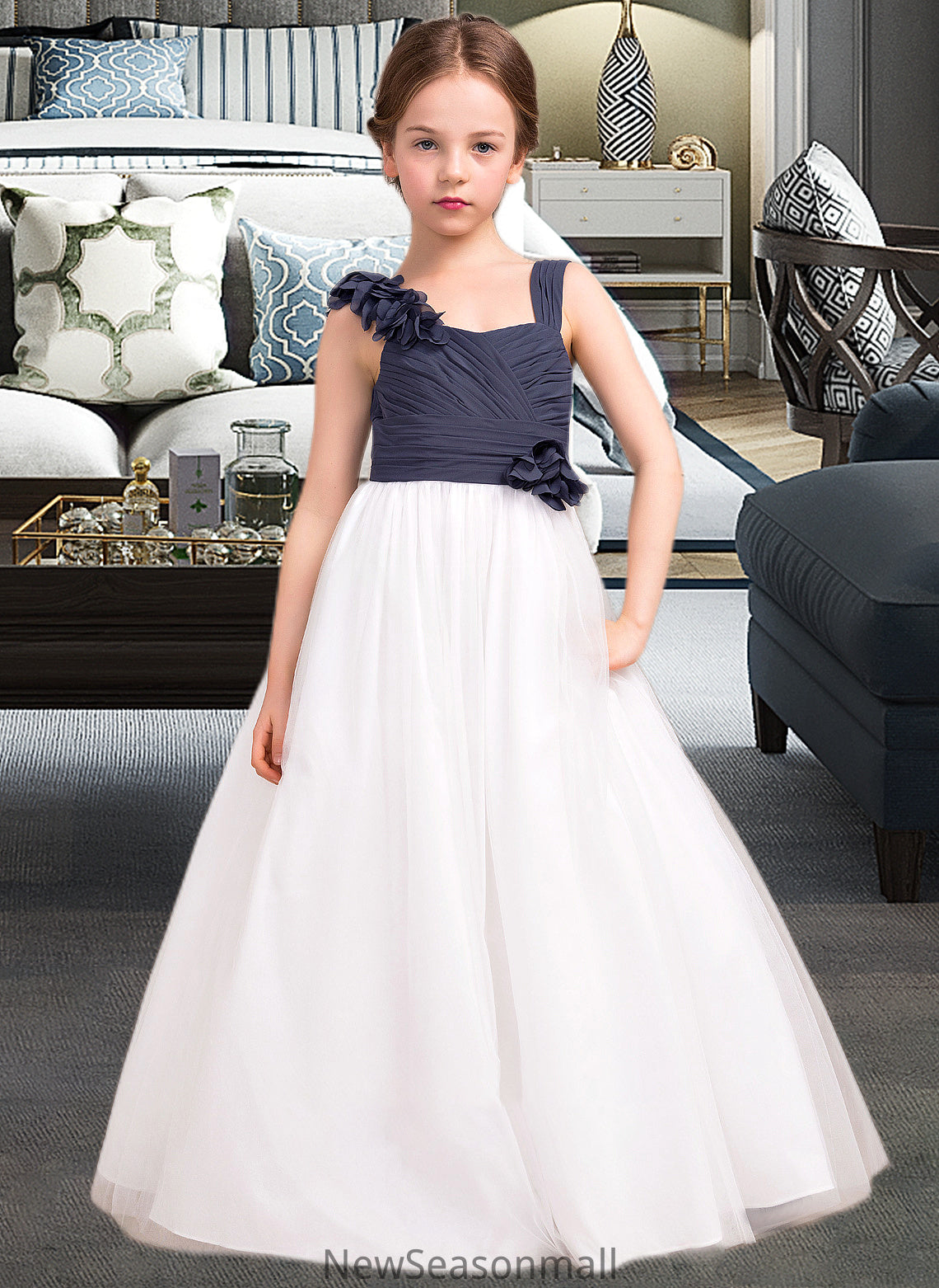 Eva A-Line Sweetheart Floor-Length Chiffon Tulle Junior Bridesmaid Dress With Ruffle Flower(s) HEP0013665