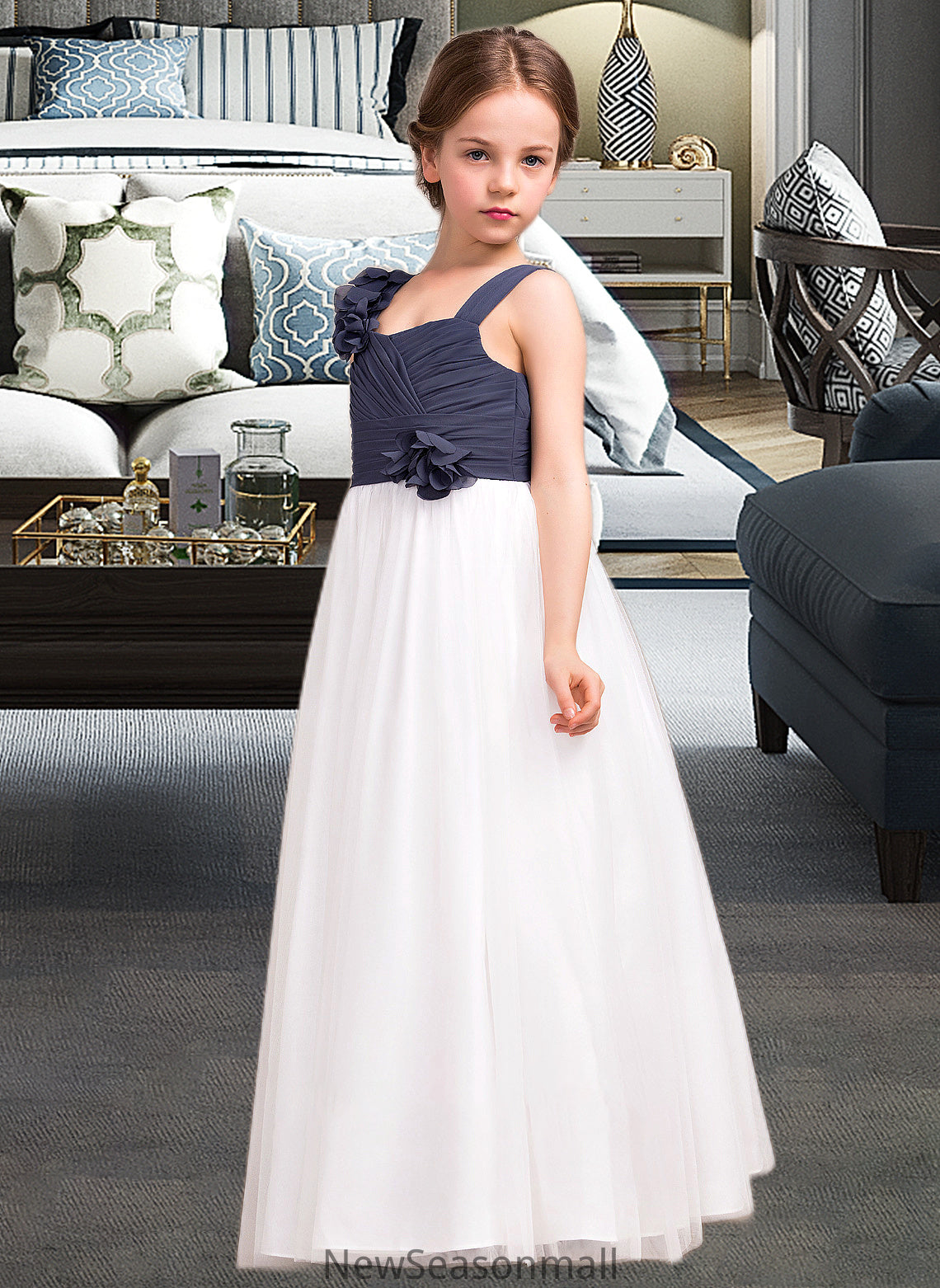 Eva A-Line Sweetheart Floor-Length Chiffon Tulle Junior Bridesmaid Dress With Ruffle Flower(s) HEP0013665