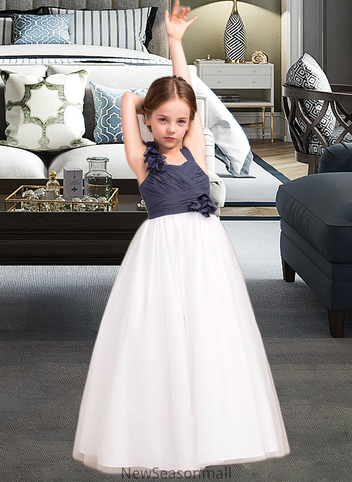 Eva A-Line Sweetheart Floor-Length Chiffon Tulle Junior Bridesmaid Dress With Ruffle Flower(s) HEP0013665