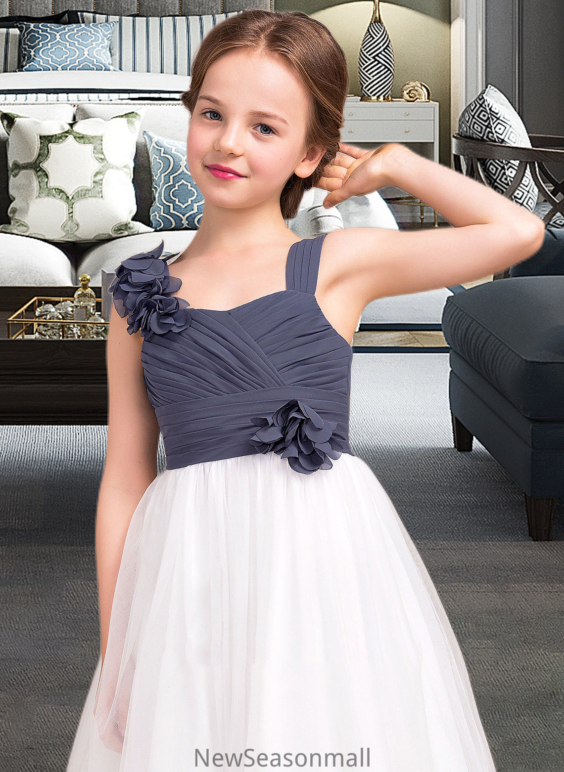 Eva A-Line Sweetheart Floor-Length Chiffon Tulle Junior Bridesmaid Dress With Ruffle Flower(s) HEP0013665