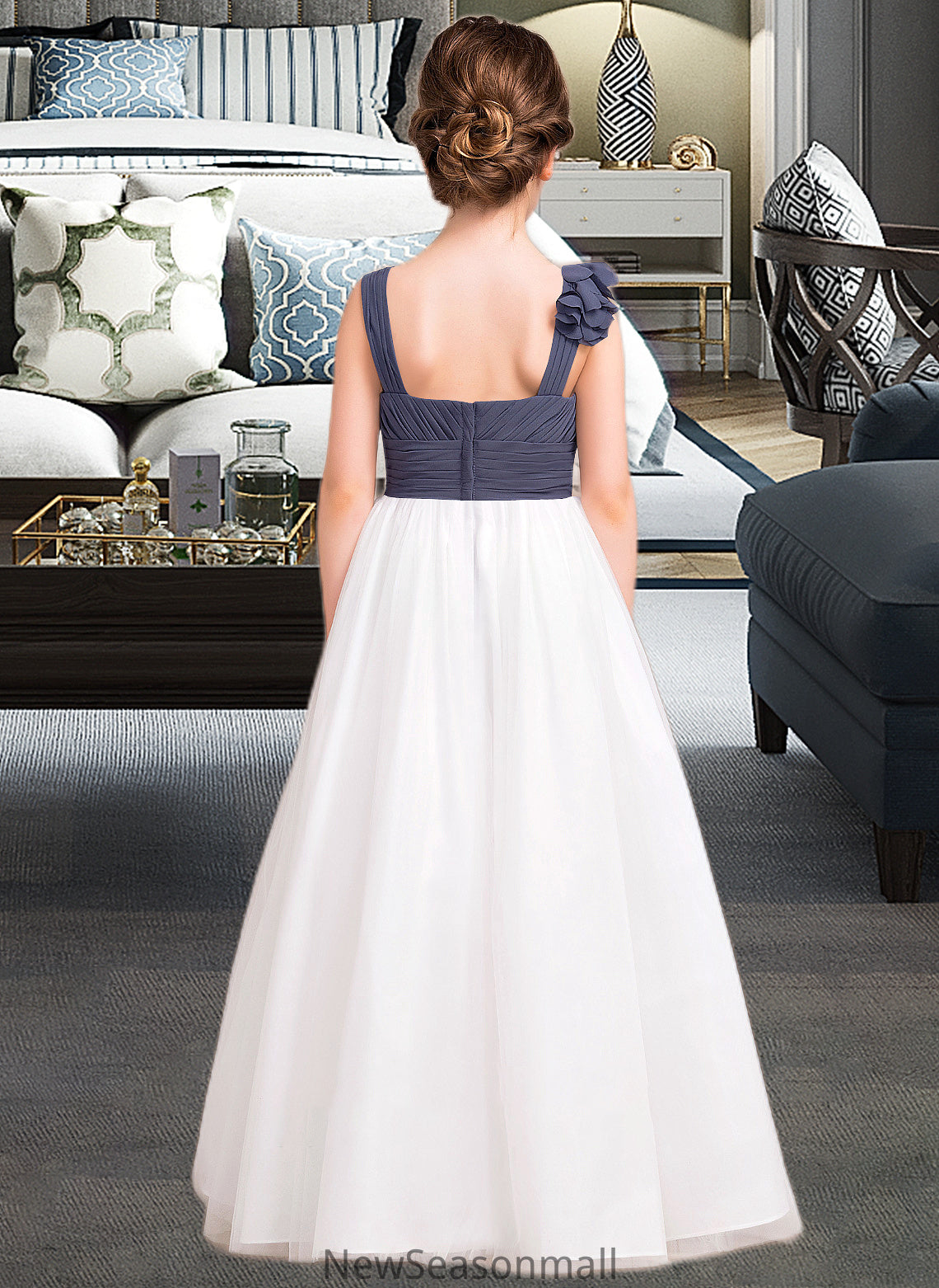 Eva A-Line Sweetheart Floor-Length Chiffon Tulle Junior Bridesmaid Dress With Ruffle Flower(s) HEP0013665