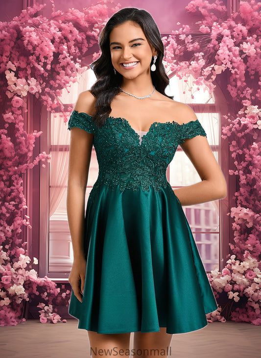 Cadence A-line Off the Shoulder Short Lace Satin Homecoming Dress With Rhinestone HEP0025718