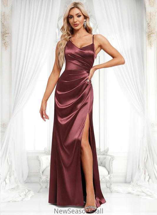 Jewel A-line Asymmetrical Floor-Length Stretch Satin Bridesmaid Dress HEP0025828