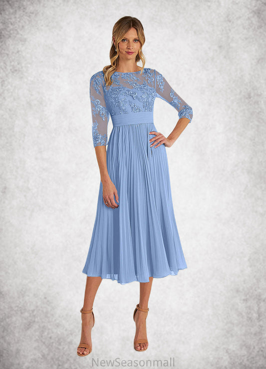 Katherine A-Line Boatneck Lace Chiffon Tea-Length Dress HEP0022636