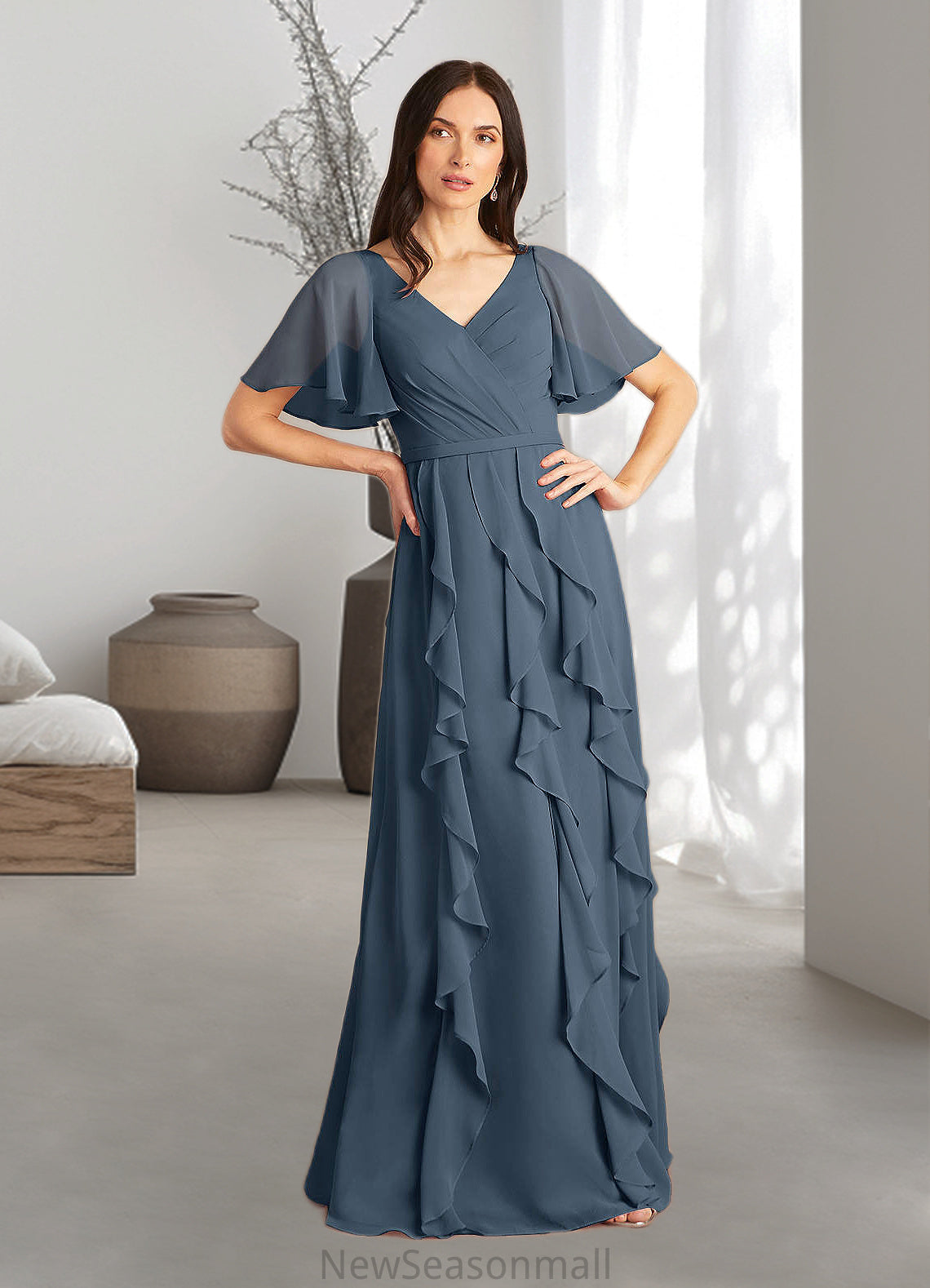 Lizbeth A-Line V-Neck Chiffon Floor-Length Dress HEP0022679