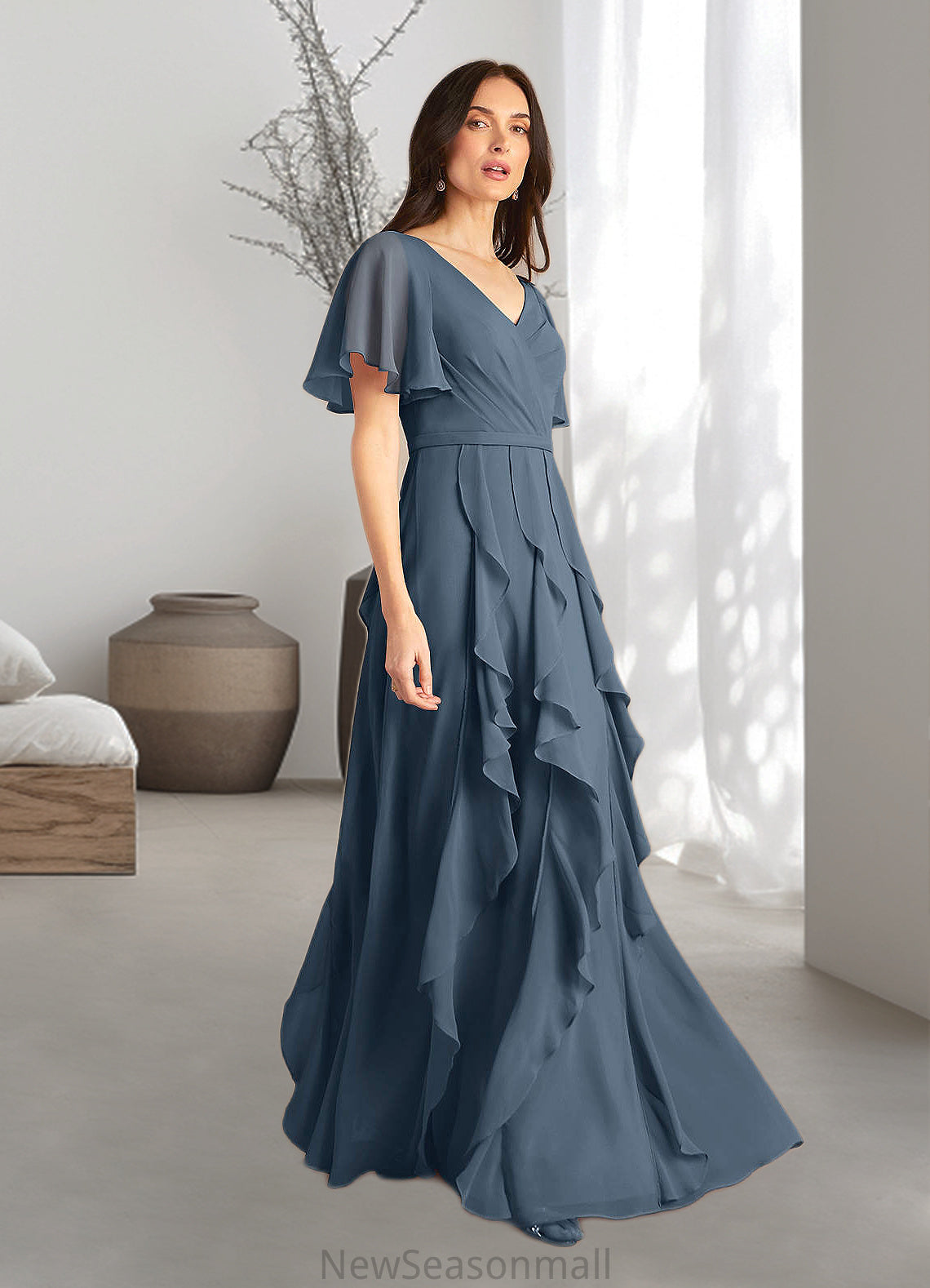 Lizbeth A-Line V-Neck Chiffon Floor-Length Dress HEP0022679