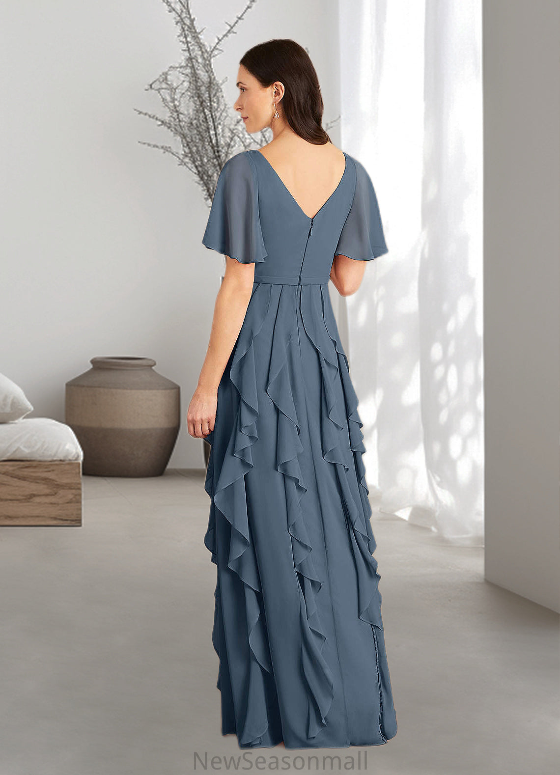 Lizbeth A-Line V-Neck Chiffon Floor-Length Dress HEP0022679