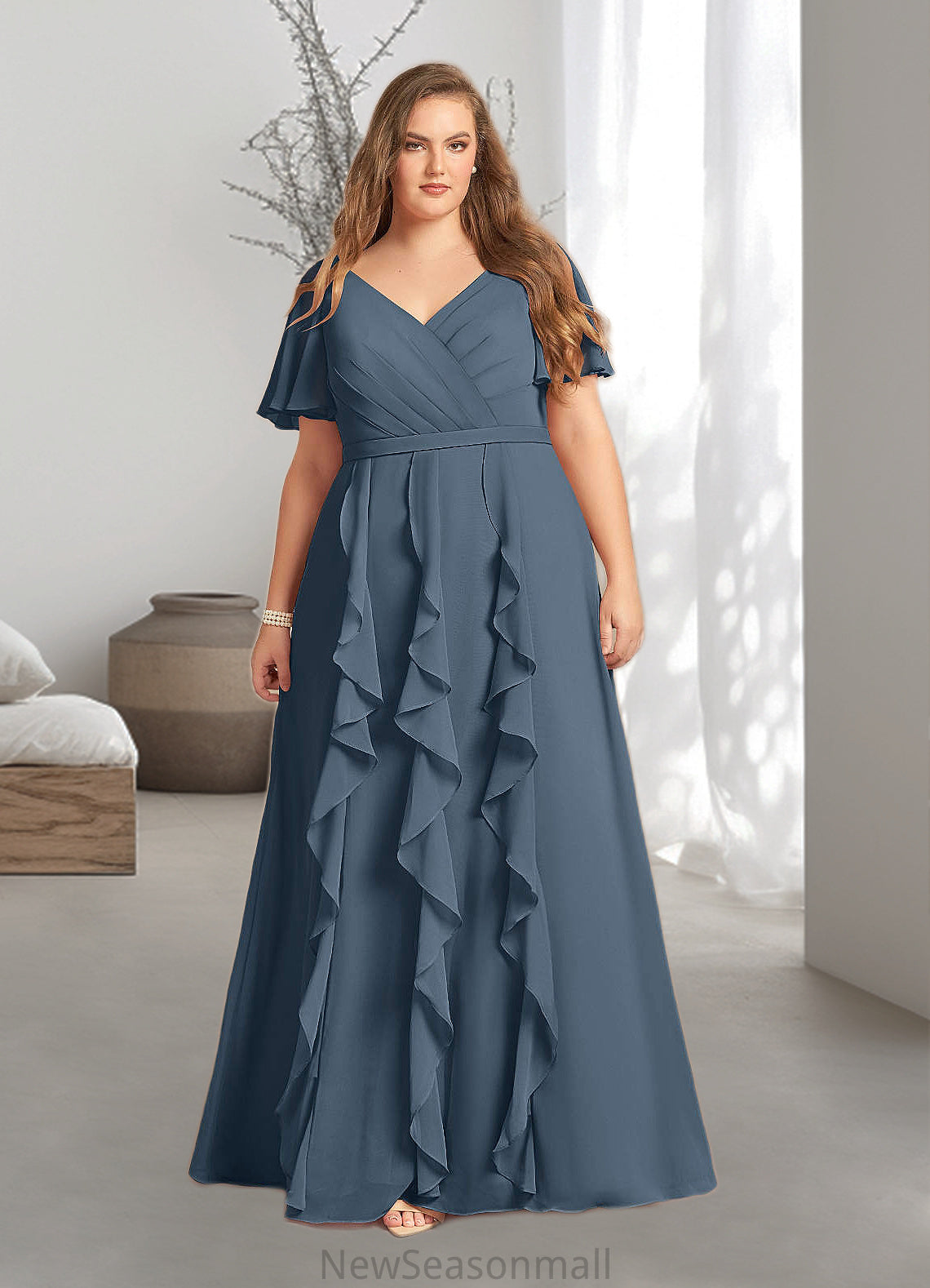 Lizbeth A-Line V-Neck Chiffon Floor-Length Dress HEP0022679