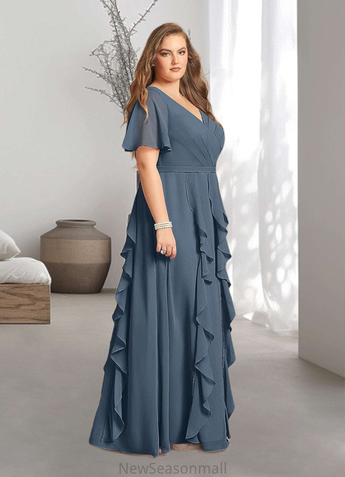 Lizbeth A-Line V-Neck Chiffon Floor-Length Dress HEP0022679