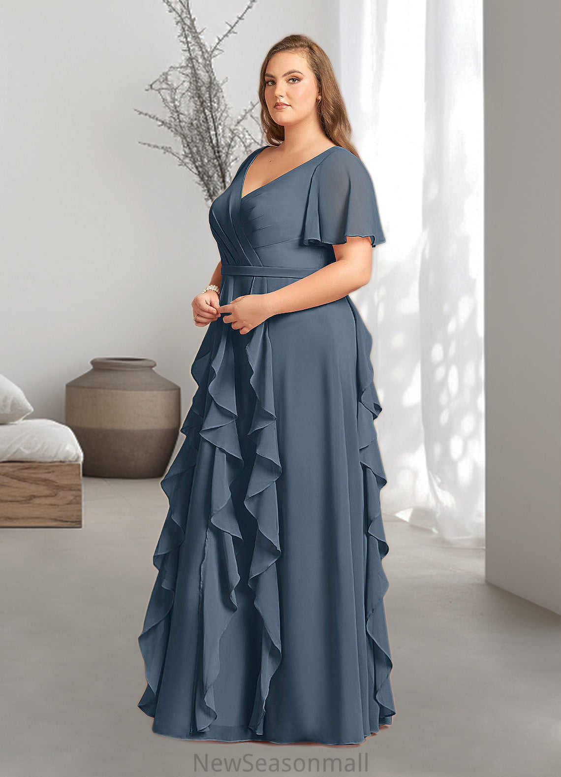 Lizbeth A-Line V-Neck Chiffon Floor-Length Dress HEP0022679