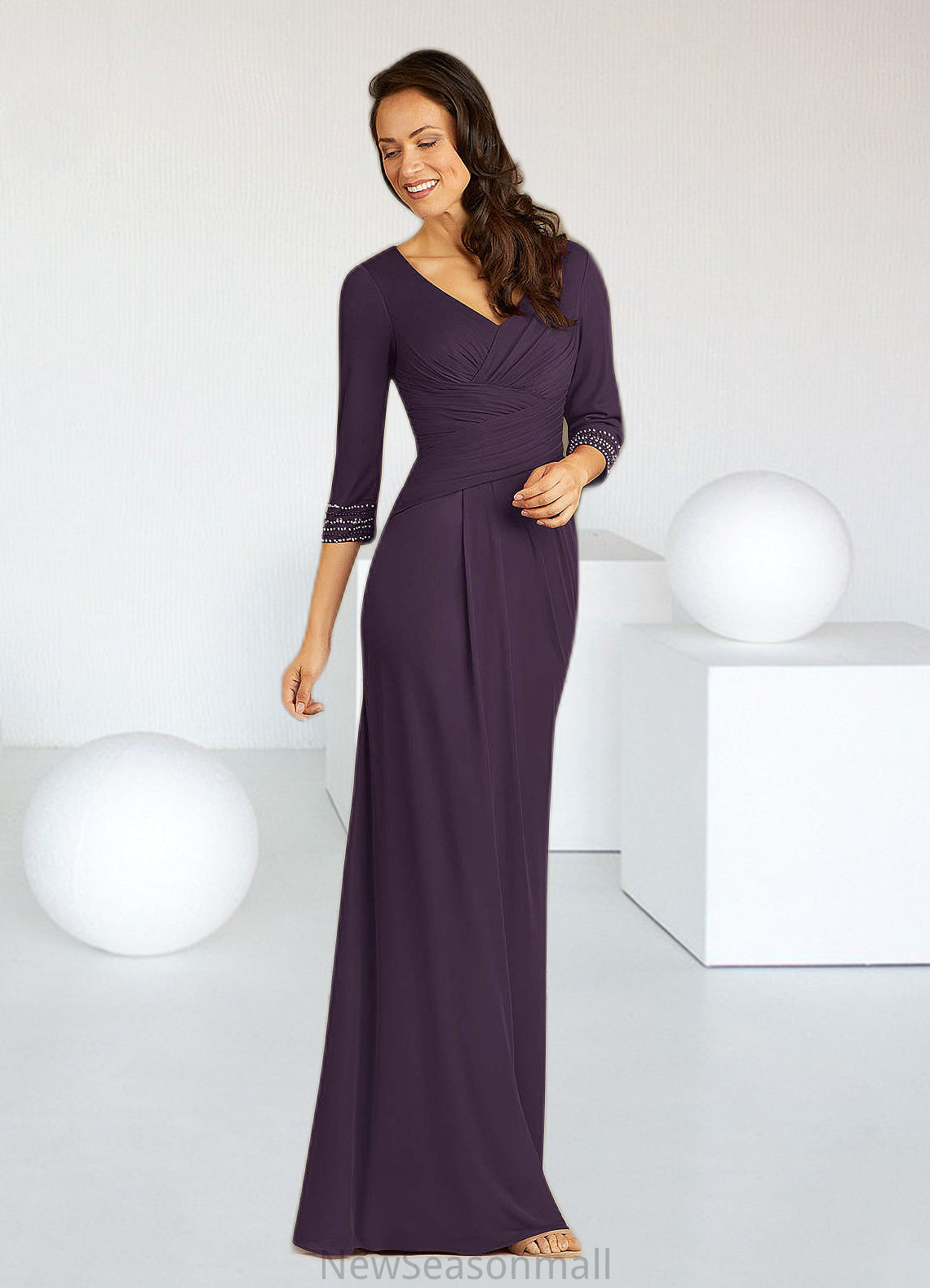 Raven Sheath Pleated Mesh Floor-Length Dress HEP0022681