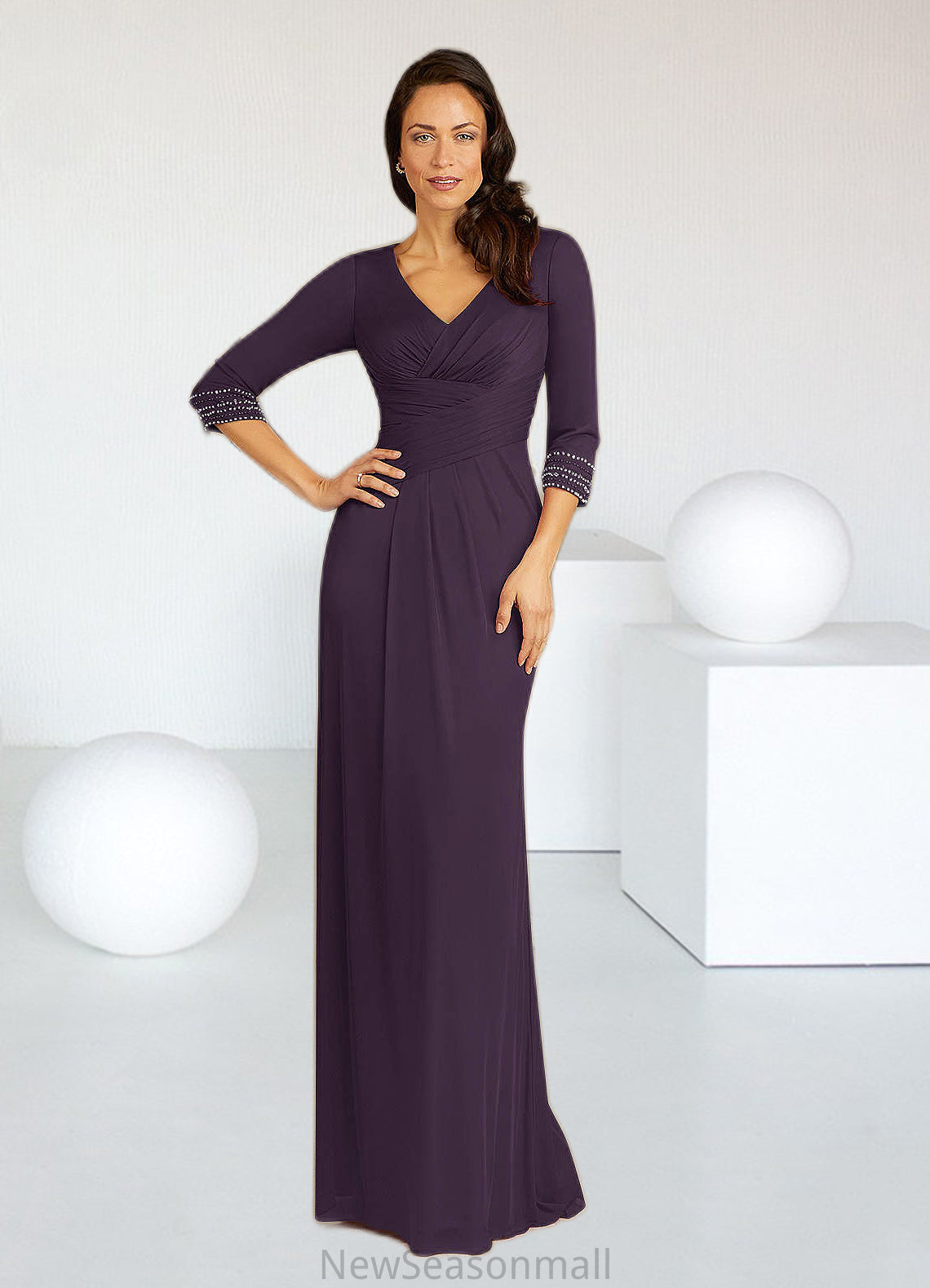 Raven Sheath Pleated Mesh Floor-Length Dress HEP0022681