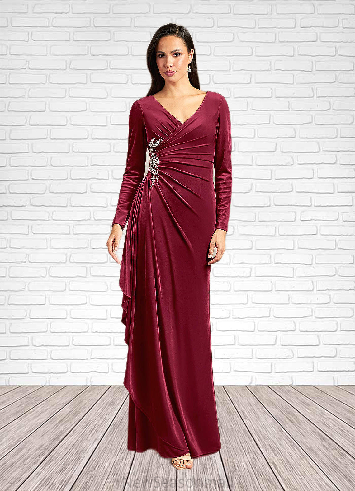 Zara Mermaid V-Neck Pleated Velvet Floor-Length Dress HEP0022683