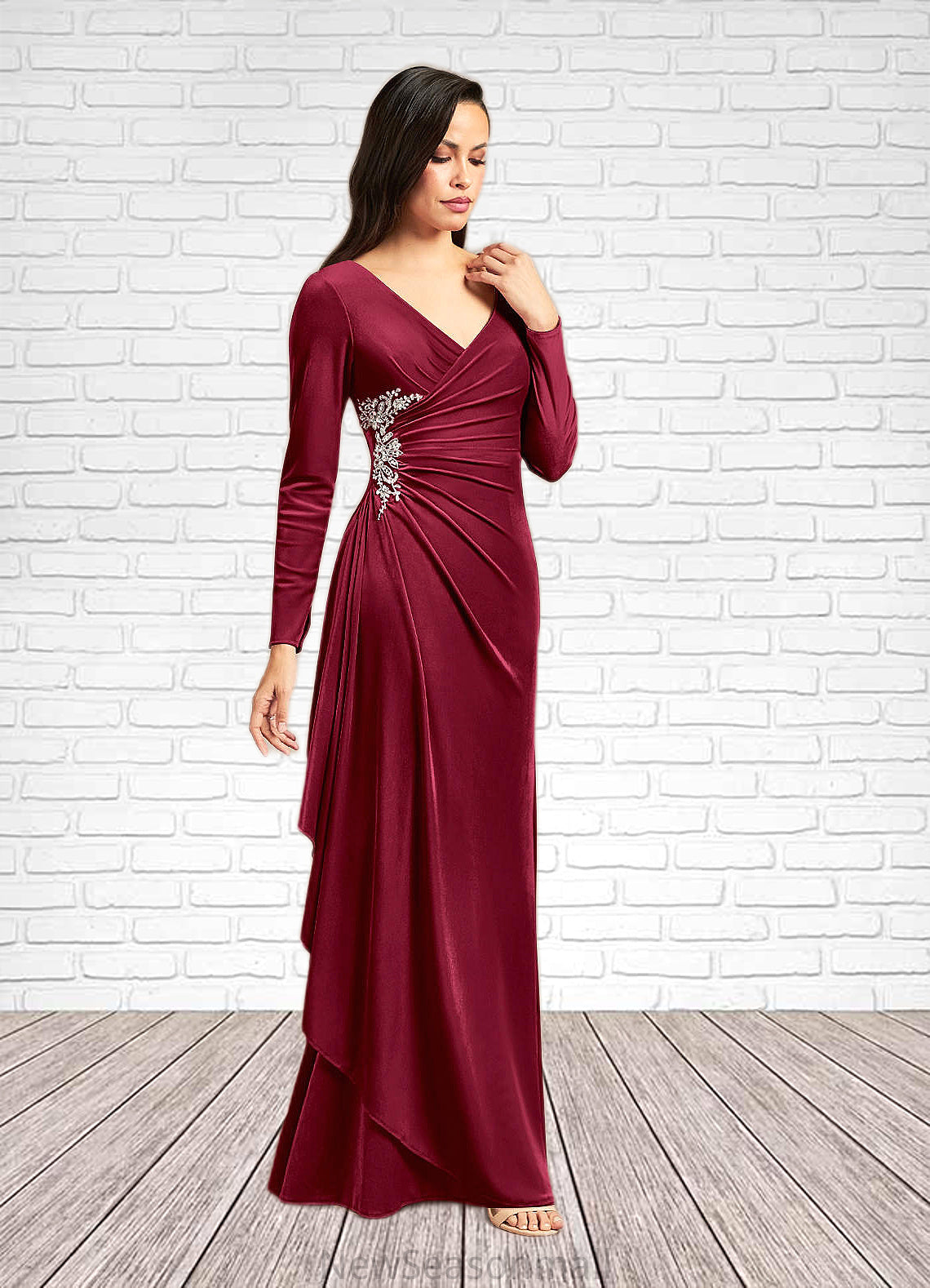 Zara Mermaid V-Neck Pleated Velvet Floor-Length Dress HEP0022683