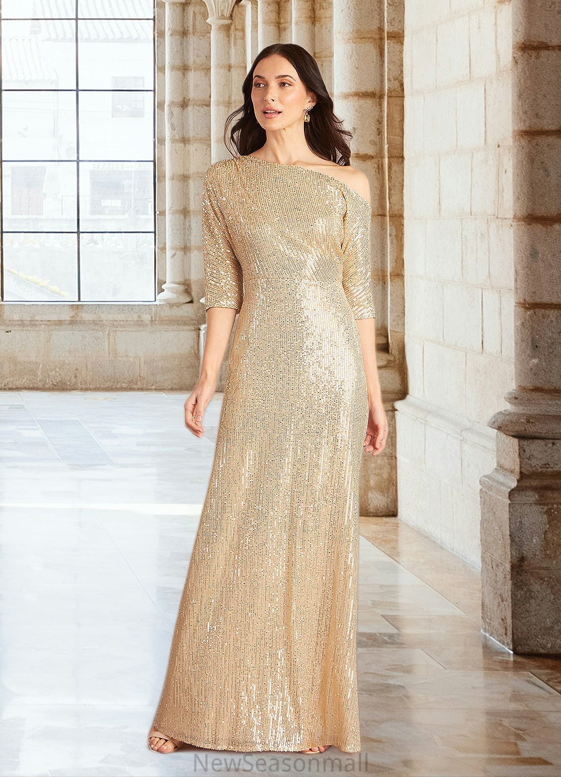 Jaylynn A-Line Asymmetrical Neckline Sequins Floor-Length Dress HEP0022686